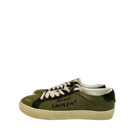 SAINT LAURENT Olive Distressed Canvas Court Logo Embroidered SL/06 Sneakers 36.5 - Picture 4 of 12